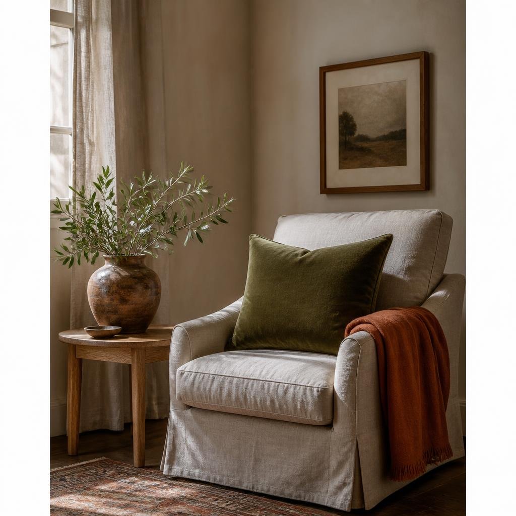 Sunlight across a quiet reading nook in a cared-for home